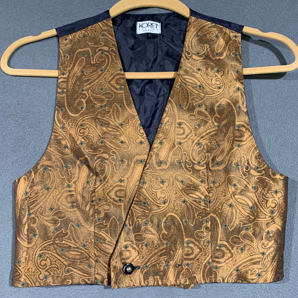 Koret Petites Vest Womens Medium Bronze Silk Blend Paisley Brocade Vintage 90s